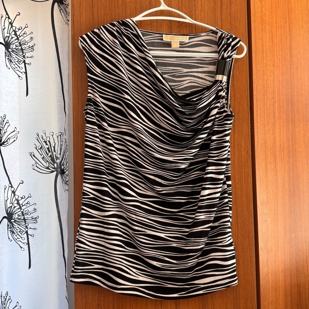 MICHAEL Michael Kors Black White Abstract Zebra Cowl Neck Top Size S